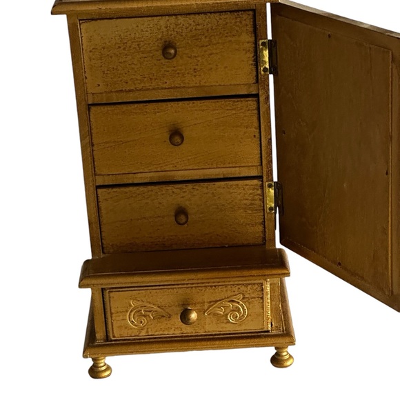 VINTAGE ENESCO WOOD MUSICAL GOLD JEWELRY BOX W/MUSTARD VELVET LINERS DRAWES - Picture 9 of 13